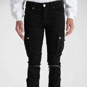 PHEELINGS NEVER LOOK BACK CARGO FLARE STACK DENIM BLACK JEANS RAW HEM 38